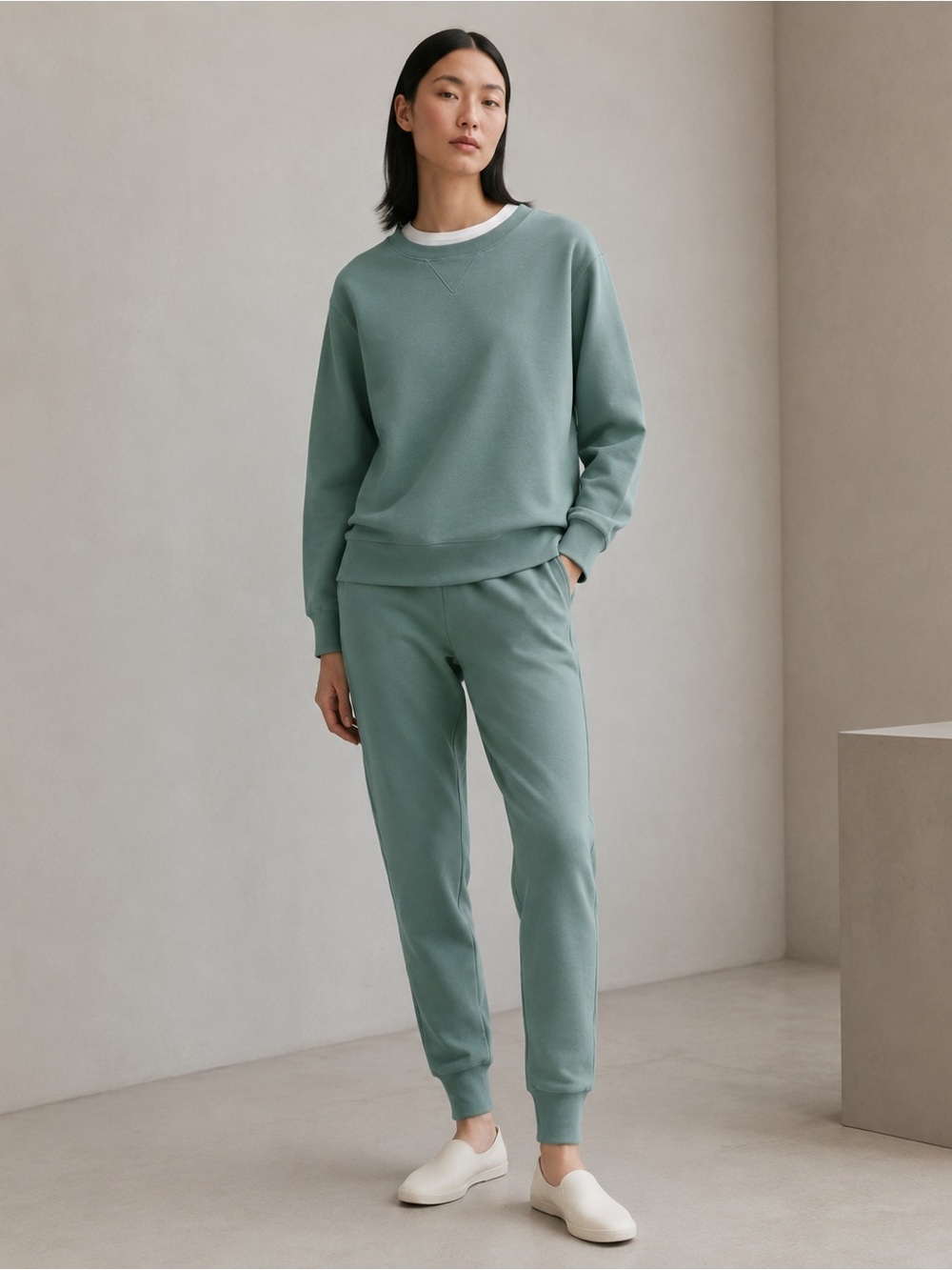 COS Matching Sweatshirt & Jogger Set – M/L, Faded Sage Green, Cotton, Loungewear
